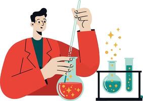 Scientist in a red lab coat conducting an experiment with colorful liquids in flat art vector