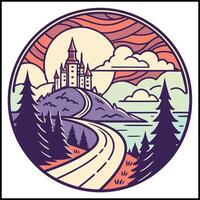 Storybook Castle T-Shirt - Fantasy Landscape with Lake and Forest Graphic vector
