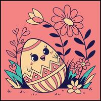 Adorable Easter Design - Smiling Egg with Flowers and Leaf Elements vector