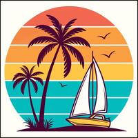 Retro Tropical Tee - Sailboat and Palm Trees with Vintage Sunset Graphic vector