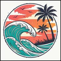 Summer Vacation Tee - Sunset Palm Tree Scene with Crashing Wave Graphic vector