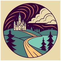 Adventure Awaits Tee - Castle, Lake, and Mountain View Art vector