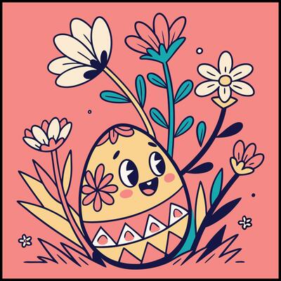 Cute Easter Egg T-Shirt Design with Flowers and Happy Face Illustration