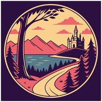 Enchanted Kingdom Tee - Castle, Lake, and Mountain Scene Graphic vector