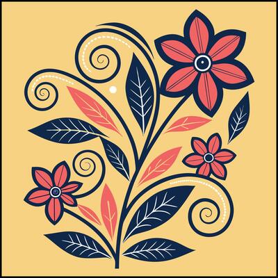 Modern Floral Design - Abstract Flowers with Spirals and Leaf Elements