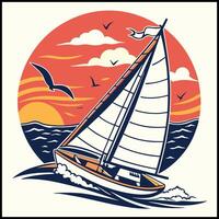 Nautical Tee - Sailboat at Sunset with Ocean Waves Illustration vector
