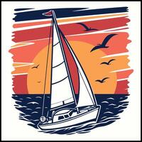 Sailboat T-Shirt Design with Sunset and Ocean Wave Graphic vector