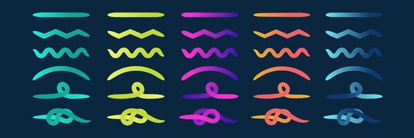 Rainbow Line Shapes. Color Gradient Decorative Elements. Wavy Ribbons and Knots. on black background vector