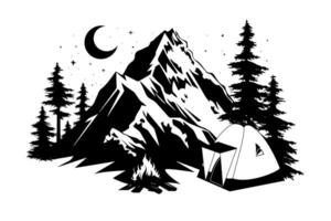 Black and white mountain landscape with a tent and trees. A nighttime camping scene with a mountain, pine trees, and a small tent under the stars and crescent moon. A minimalist adventure illustration vector