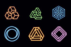 Glowing Neon Impossible Geometric Shapes Optical Illusion. Glowing Geometric Neon Symbols Set on Black Background vector