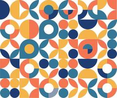 Geometric abstract artwork with colorful shapes in retro style. An artistic, retro-inspired seamless pattern with bright geometric shapes, circles, and curves in a structured and aesthetic design. vector