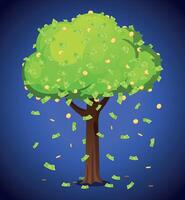 Money tree with cash falling from branches. An illustrated tree with money growing instead of leaves, and cash bills falling to the ground. A financial growth and wealth concept in digital art. vector