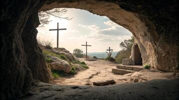 View of cross monuments from within a cave at sunset photo