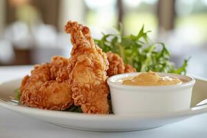 Crispy fried chicken served with tangy dipping sauce photo