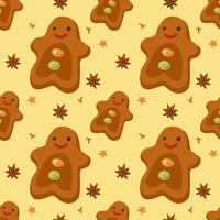 Seamless pattern with cute Christmas gingerbread cookies. Gingerbread man, boot, Christmas tree, heart and gingerbread girl cookies on brown background with snowflakes. illustration vector