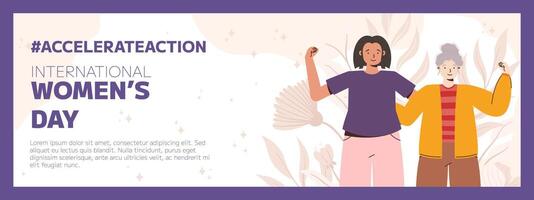 IWD 2025 Two women with raised arms representing empowerment and unity. The banner features the text International Women Day and the hashtag Accelerate Action, complemented by a subtle floral design. vector