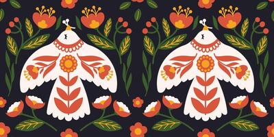 Folk Art Seamless Pattern with Stylized Birds and Floral Elements in Traditional Scandinavian Style on Dark Background vector