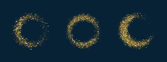 Set of 3 gold shining glitter sparkling circles. Shape a photo frame or mirror in a luxury modern style. Shiny Halftone Particles. Nightclub disco ball pattern. illustration on dark background. vector