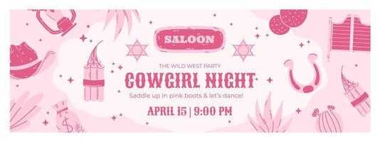 horizontal banner for a cowgirl-themed party featuring pink-toned illustrations of a hat, lantern, dynamite, horseshoe, saloon sign, sheriff badges, cacti, and decorative text on a light background. vector