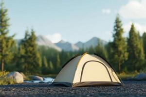 Camping tent near river in serene mountain landscape at sunrise photo