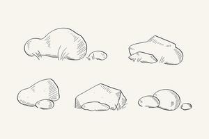 Stones cobblestones and grass on isolated background. Hand drawn set with rock in line art style. Nature, forest, landscape. Design for card, print, paper, logo, sign, decor vector