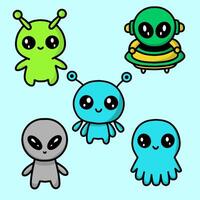 A set of five adorable alien characters in different shapes and colors, featuring large eyes and cute expressions, perfect for sci-fi and fantasy themes vector