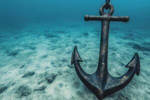 Underwater view of a large anchor resting on the ocean floor photo