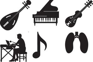 Black silhouettes of musical instruments piano violin and a musician playing art notes grand sound vector