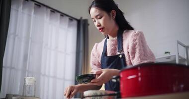Mano bajo ángulo ver disparo, hermosa mujer es preparando el proceso de revestimiento pollo con todas el ingredientes en un cuenco antes de fritura el pollo en un cacerola. Cocinando concepto, comida preparación video
