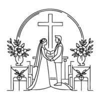 Wedding Line Art of a Bride and Groom Taking Vows in Front of a Cross vector