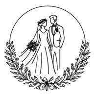 Wedding Line Art of a Bride and Groom in a Circle Wreath vector