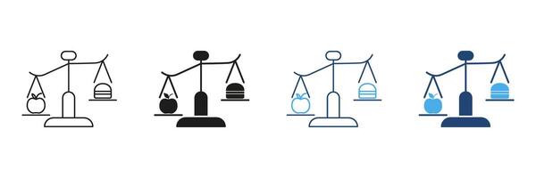 Weight Scale Line and Silhouette Icon Set with Balancing Apple And Burger Symbol of Healthy Eating Versus Unhealthy Diet. Editable Stroke. Isolated Illustration vector