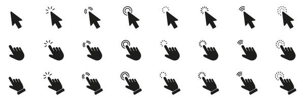 Cursor And Hand Click Solid Icon Set. Click And Cursor Action Silhouette Symbol Collection. Isolated Illustration vector
