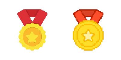 Gold Medal With Red Ribbon Pixelated Icon Set. Pixel Art Symbol Collection Of Award Medals In Retro Style And Nostalgic Design. Isolated Illustration vector