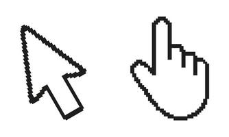Computer Cursor And Hand Icon In Pixelated Icon Set. Pixel Art Symbol Collection Of Computer Cursor And Hand Icons In Pixel Style. Isolated Illustration vector