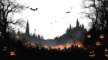 Spooky Halloween Night, Jack-o'-lanterns Glow in Burning Fields, Bats Fly Near Gothic Castle with Transparent Background png