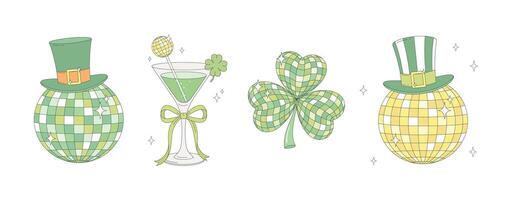 Set of disco style elements for St. Patrick's Day. Leprechaun hat on mirror ball, green cocktail with disco ball drink stirrer, sparkling disco clover. vector