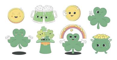 Set of funny characters for St. Patrick's Day. Lucky penny, pot of gold, joyful shamrock, meditating clover, two mugs full of green Irish beer. vector