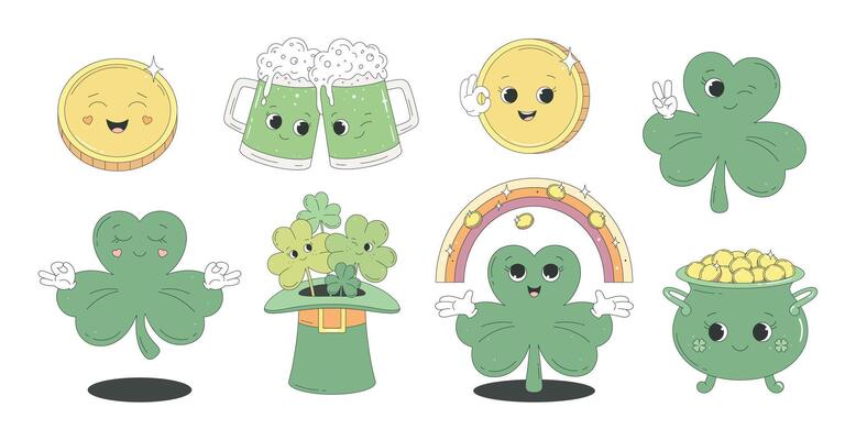 Set of funny characters for St. Patrick's Day. Lucky penny, pot of gold, joyful shamrock, meditating clover, two mugs full of green Irish beer.