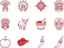 Collection of Red Line Art Native cinco de mayo day graphic element icons set American Aztec Mexican Symbols and Objects vector