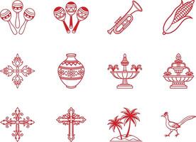 Collection of Red Line Drawings of cinco de mayo day graphic element icons set Cultural and Religious Symbols and Objects vector