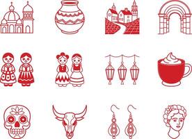 A Collection of Twelve Red Outline cinco de mayo day graphic element icons set Icons Representing Mexican Culture and Traditions vector