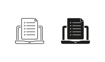 Application Form Sign. Online Test On Laptop Line and Silhouette Icon Set. Survey Check List, Questionnaire Symbol. Editable Stroke. Isolated Illustration vector