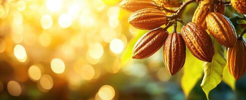 Cocoa Pods on Branch Sunlight Bokeh Background photo