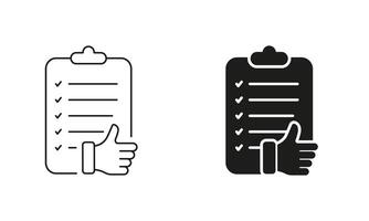 Customer Feedback Symbol. Approve Agreement. Paper Document With Thumb Up Line and Silhouette Icon Set. Approval Confirmation Pictogram. Editable Stroke. Isolated Illustration vector