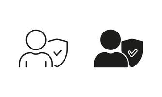 Shield Protect Person Line and Silhouette Icon Set. Safety in Business. Secure Authentication, Human Data Protection. Security for User Pictogram. Editable Stroke. Isolated Illustration vector