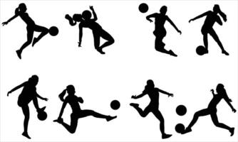 female soccer player combo silhouette icon set vector
