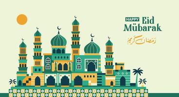 orange ramadan kareem, eid mubarak geometric landscape pattern with arabic city and various brightly colored islamic icons vector