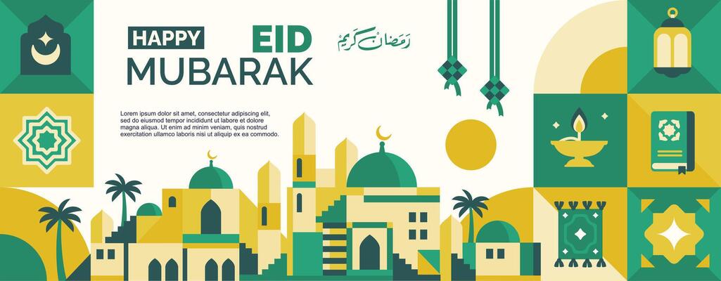 eid mubarak geometris pattern, ramadan kareem with arabic city landscape and various bright colored islamic icons and symbols