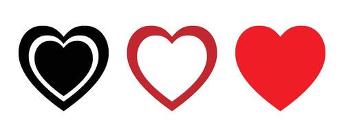 Three Variations of a Heart Icon in Black, Red Outline, and Solid Red vector